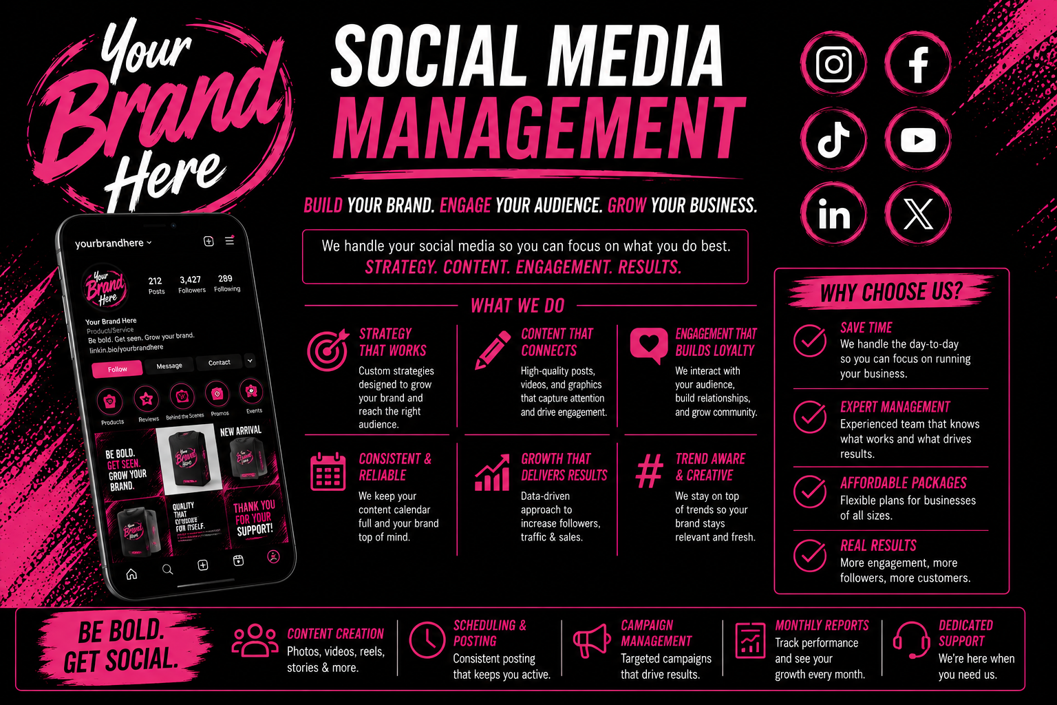 Social media management flyer in black and pink with phone mockup, icons, services, and key features text.