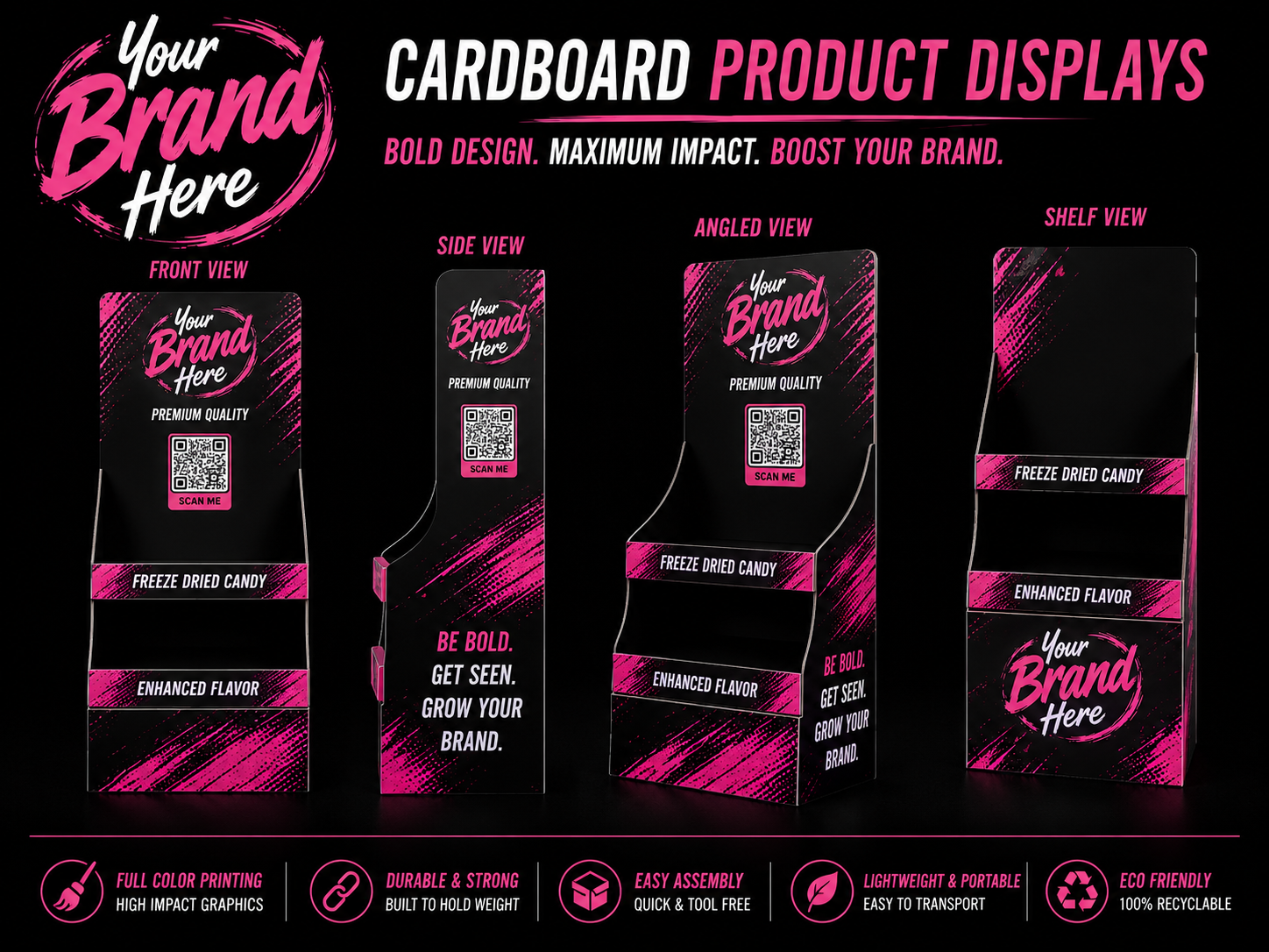 Black-and-pink cardboard product display mockups with “Your Brand Here” branding and multiple stand designs