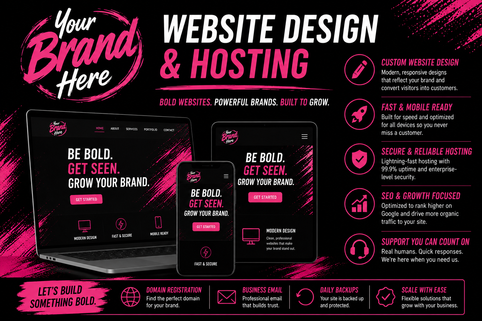 Black and pink website design and hosting promo with laptop, phone, icons, and service packages