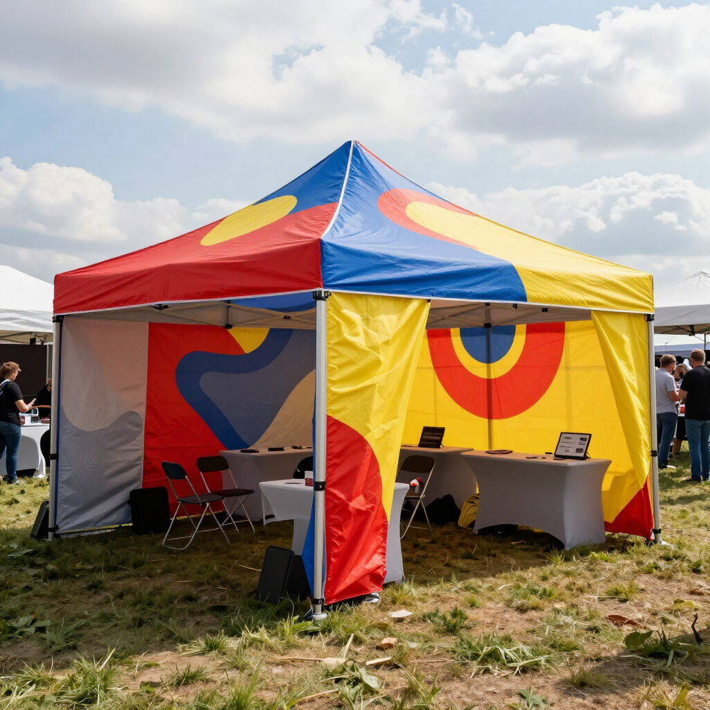 Colorful red, yellow, and blue canopy tent with tables and chairs on a grassy outdoor field