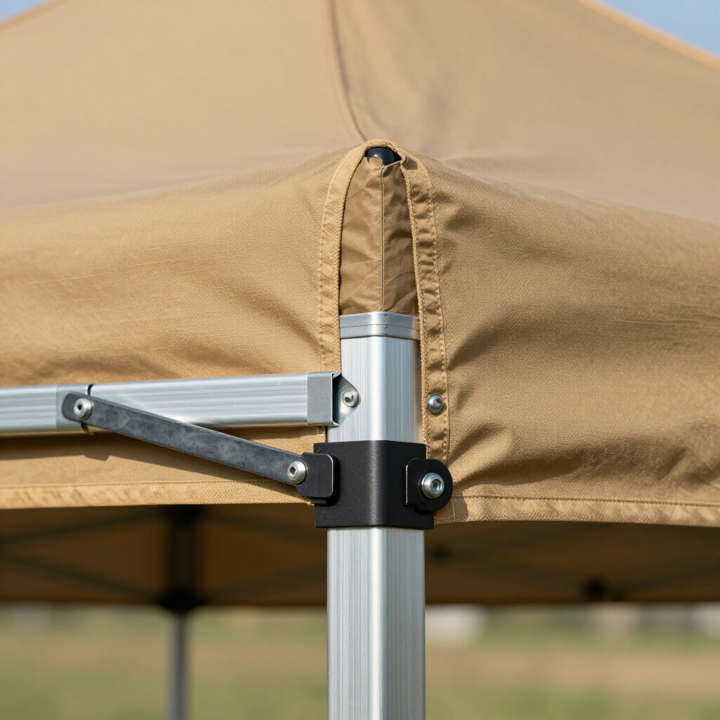 Close-up of a tan canopy tent corner with silver metal frame and black connector.