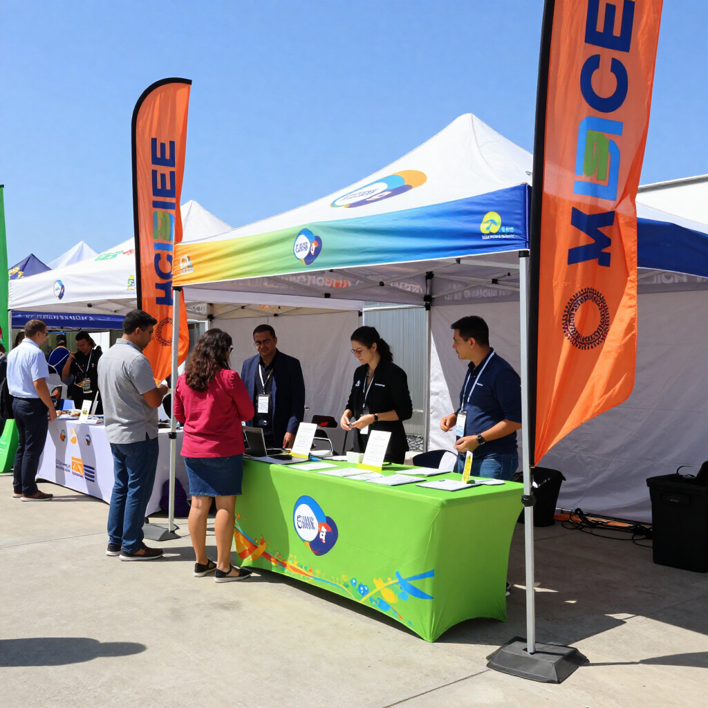 Outdoors at a white tent booth with orange banners, several people talk and hand out materials.