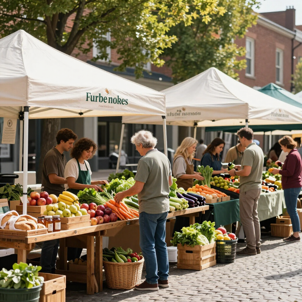 Outdoor farmers market with white tents, customers browsing fresh produce on wooden tables