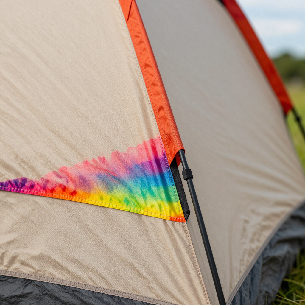 Close-up of a beige tent with orange trim and a rainbow-colored seam in a grassy outdoor setting