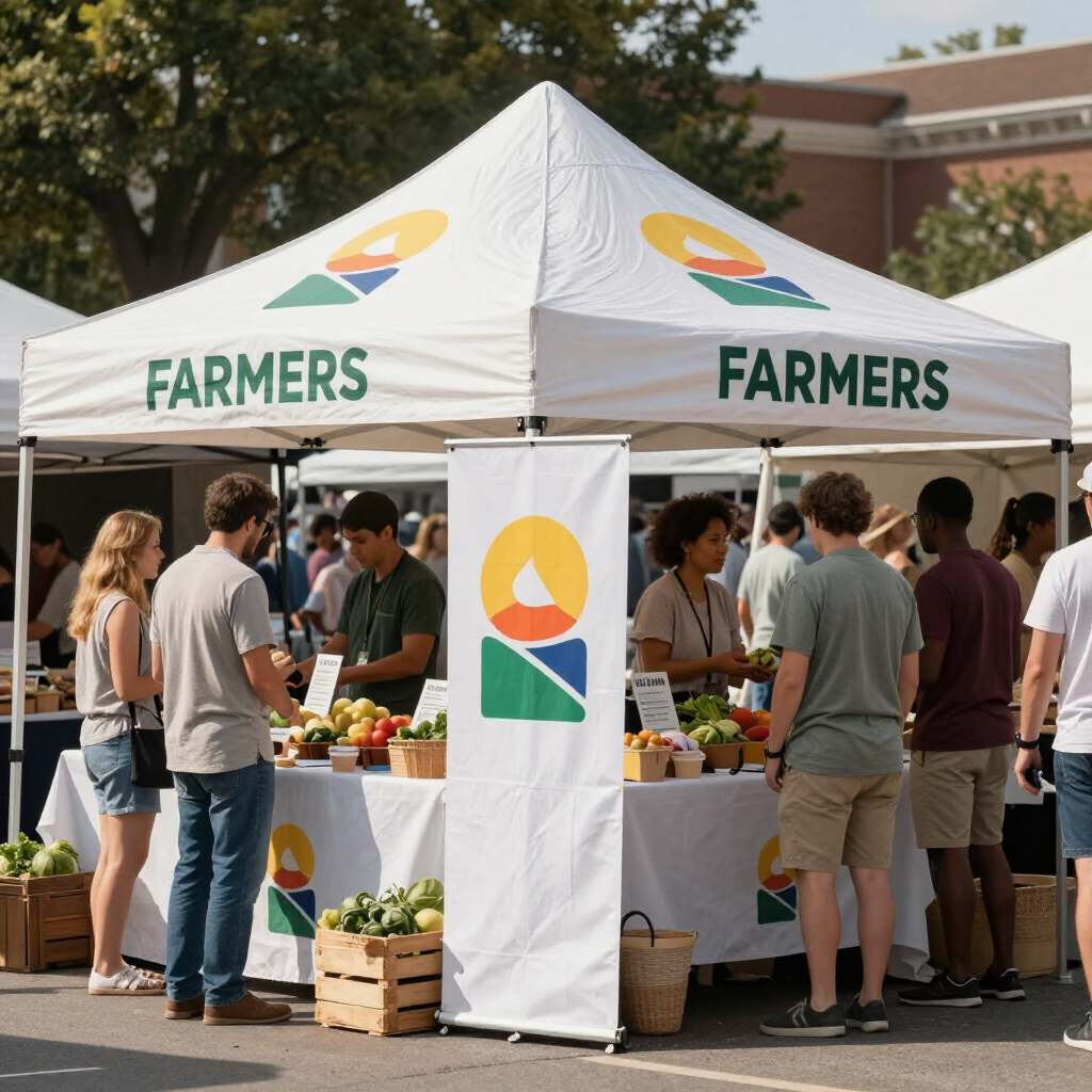 Farmers market booth with white tent, people browsing produce, and a hanging banner on a sunny day