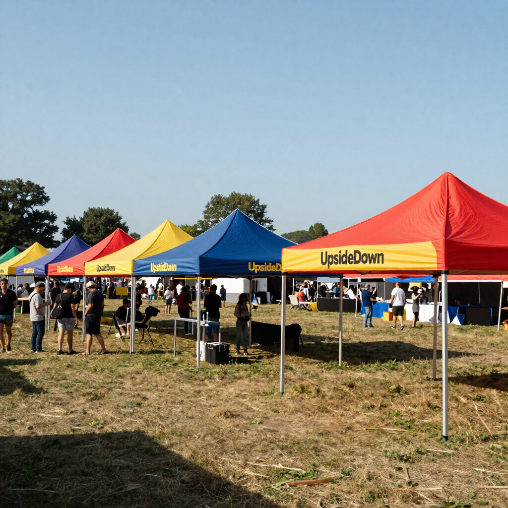 Colorful tents at an outdoor event with people gathered on a grassy field under a clear sky