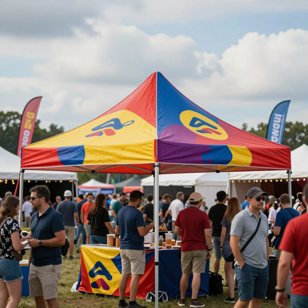 People gathered around a colorful festival tent with red, yellow, and blue panels under a cloudy sky