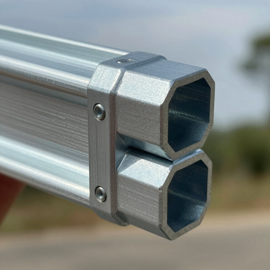 Close-up of two silver hexagonal metal tubes joined by a bracket outdoors