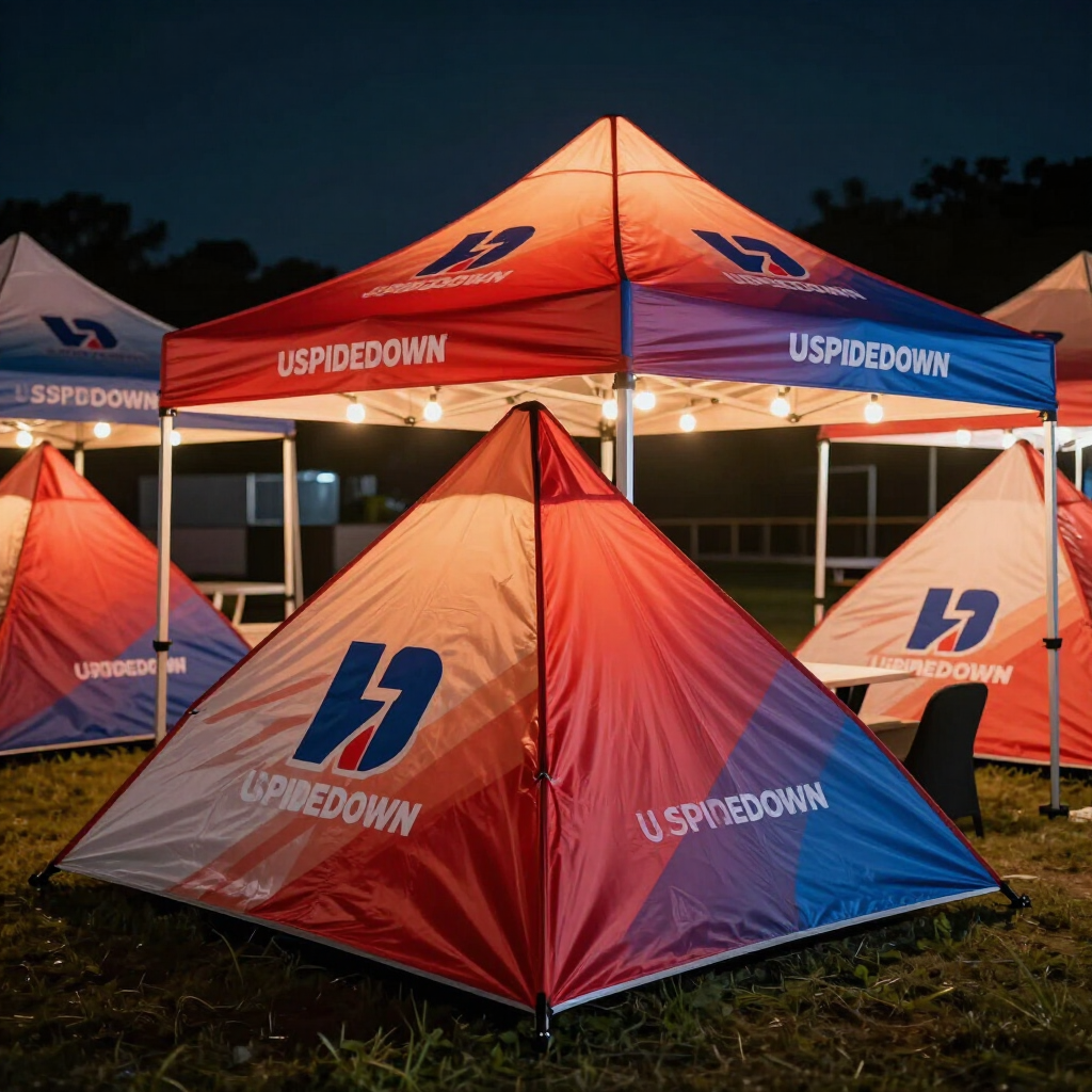 Orange-and-blue UpsideDown branded tents lit at night on grass