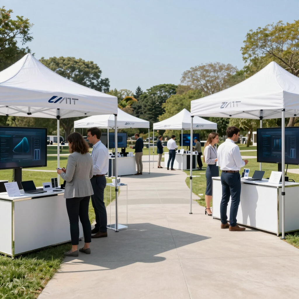 Outdoor tech expo booths with white tents, people viewing displays on a sunny walkway