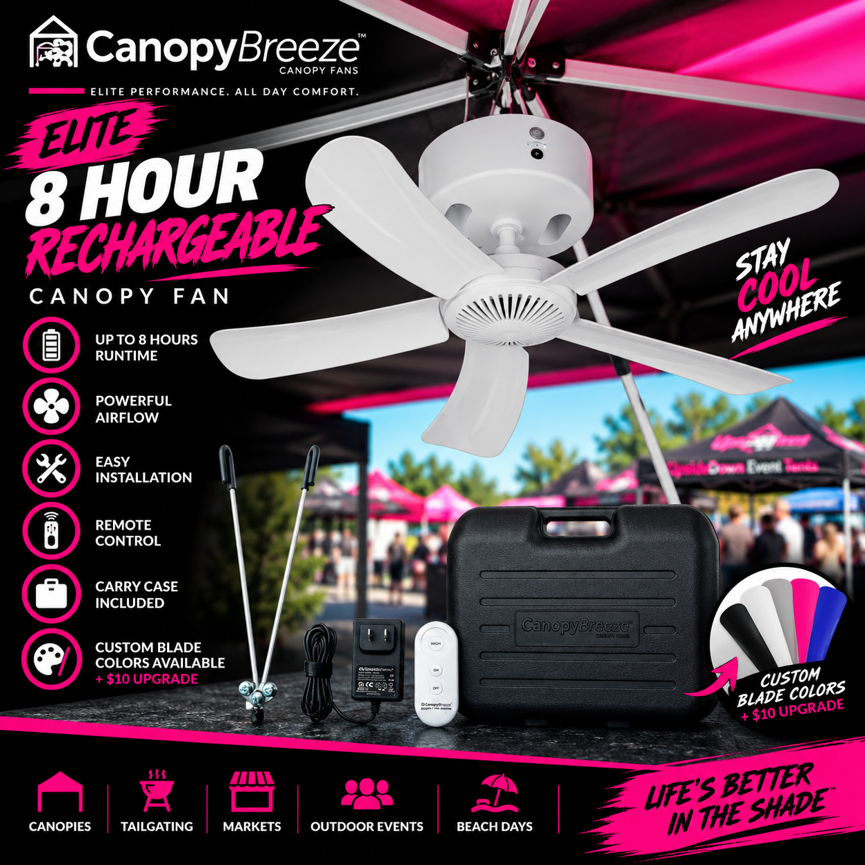 Canopy Breeze CBMax Elite 8-Hour Rechargeable Canopy Fan | Portable Outdoor Cooling
