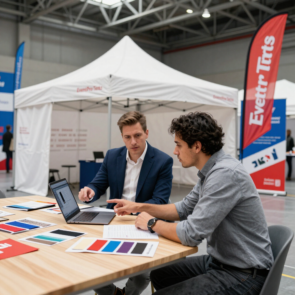 Two people discuss design swatches at a laptop under a white trade show tent.