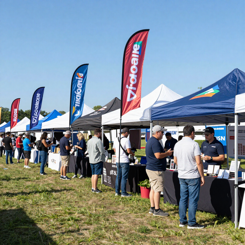 Outdoor booth row at a sunny event with people browsing under tents and colorful flags