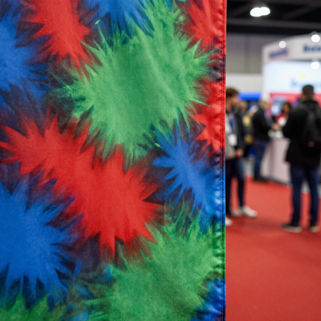 Colorful red and green starburst fabric beside a blurred trade show aisle