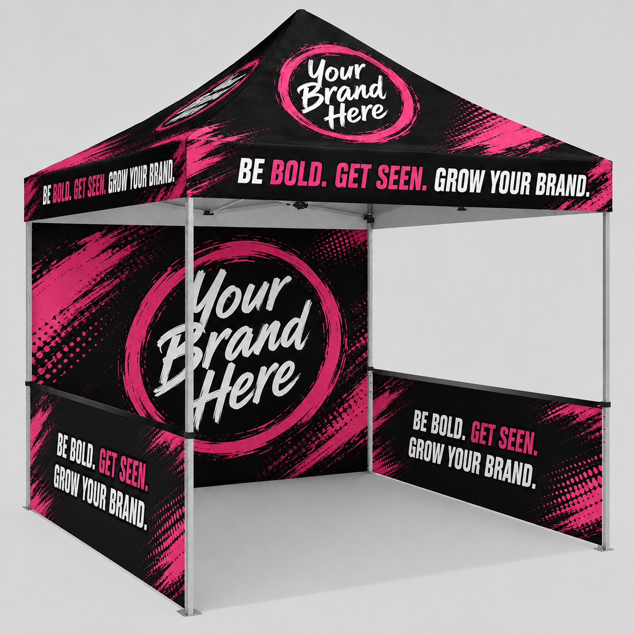 Promotional trade show booth with black and pink branding panels reading “Your Brand Here”