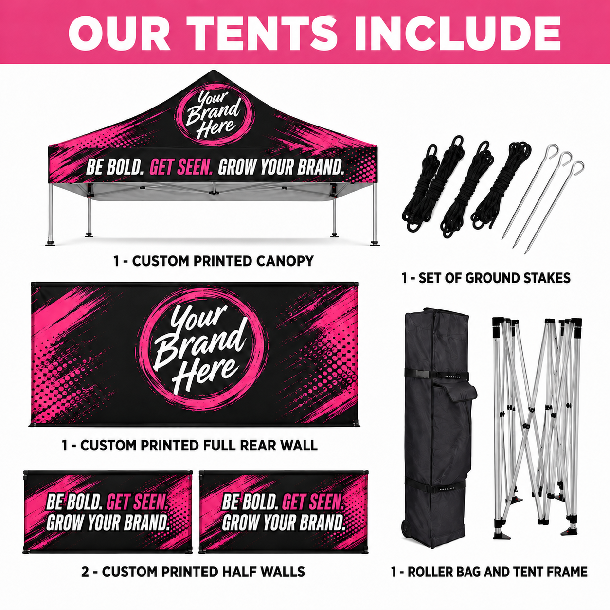 Pink-and-black custom canopy tent package with printed walls, stakes, and rolling bag included