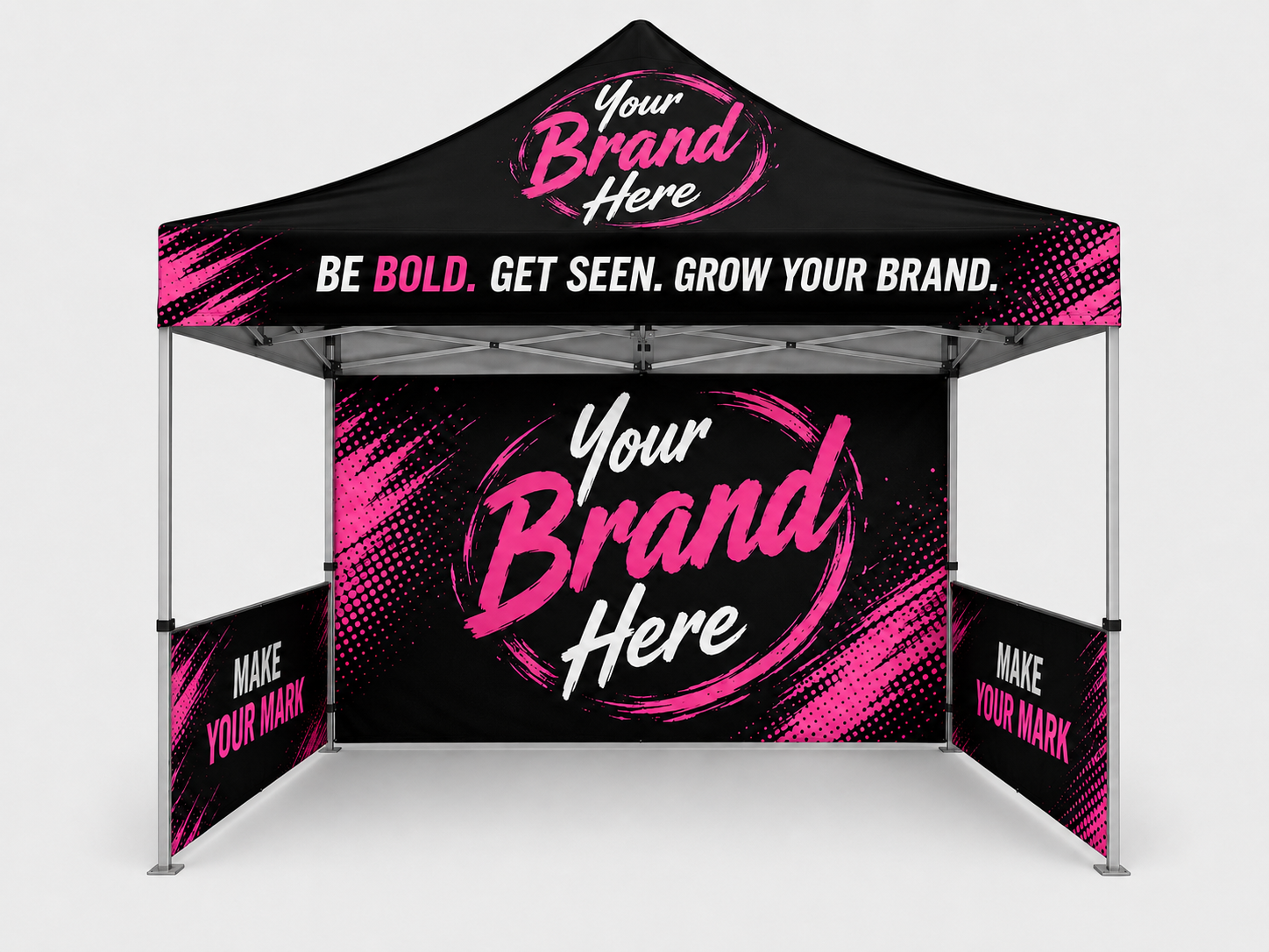 Promotional trade show booth with black and pink branding panels reading “Your Brand Here”
