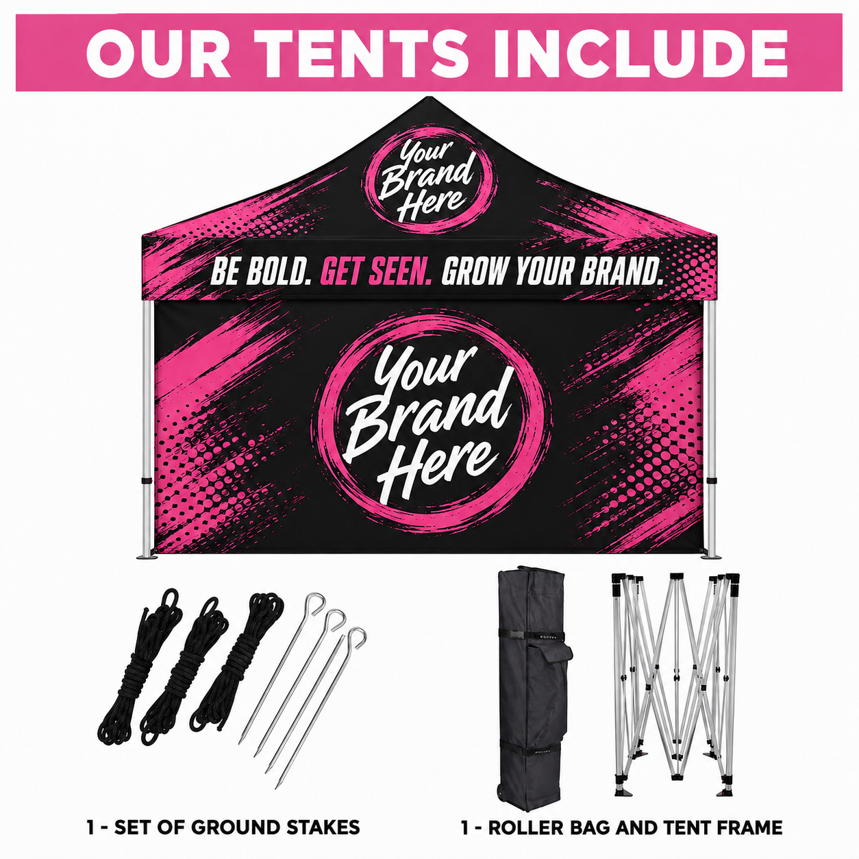 Pink pop-up tent package showing branded canopy, ground stakes, and roller bag with frame pieces.