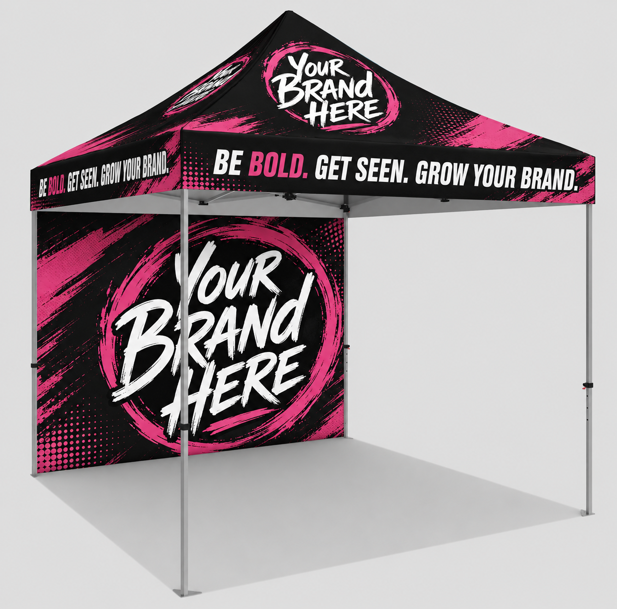 Black promotional canopy tent with pink text and “Make Your Logo Here” branding banner