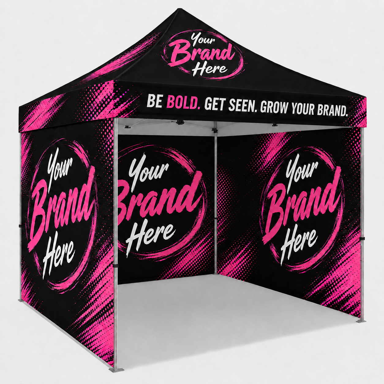 Black-and-pink custom canopy tent with “Make your mark” branding and logo placeholders