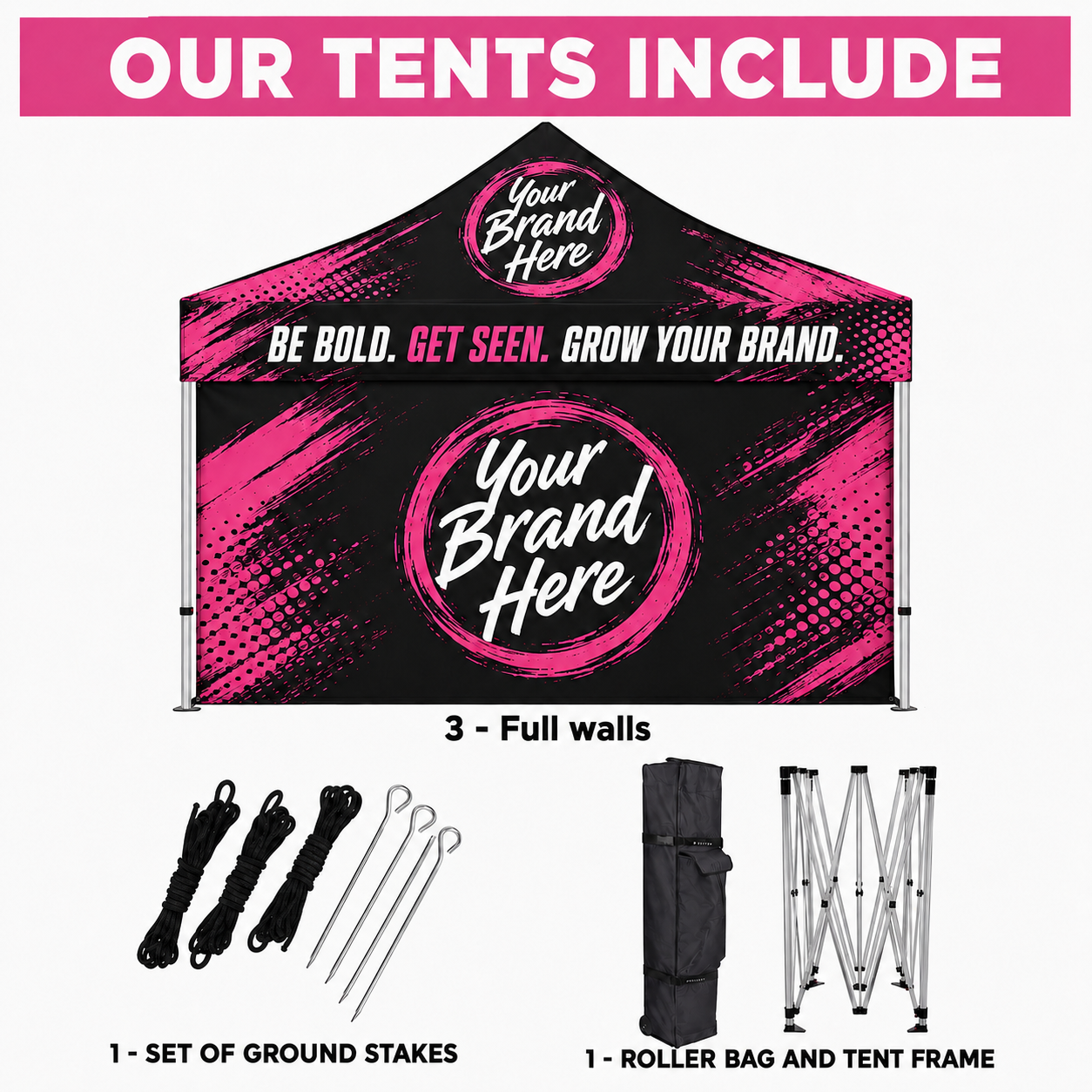 Pink and black branded pop-up tent kit with canopy, frame, stakes, and roller bag