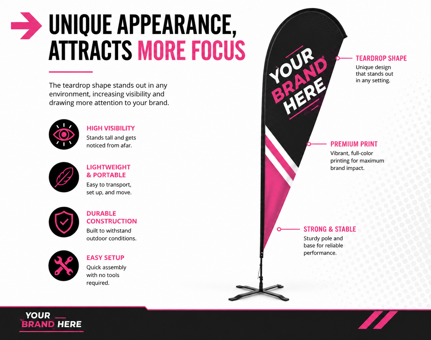 Black and pink branded feather flag banner with “YOUR BRAND HERE” text and marketing callouts
