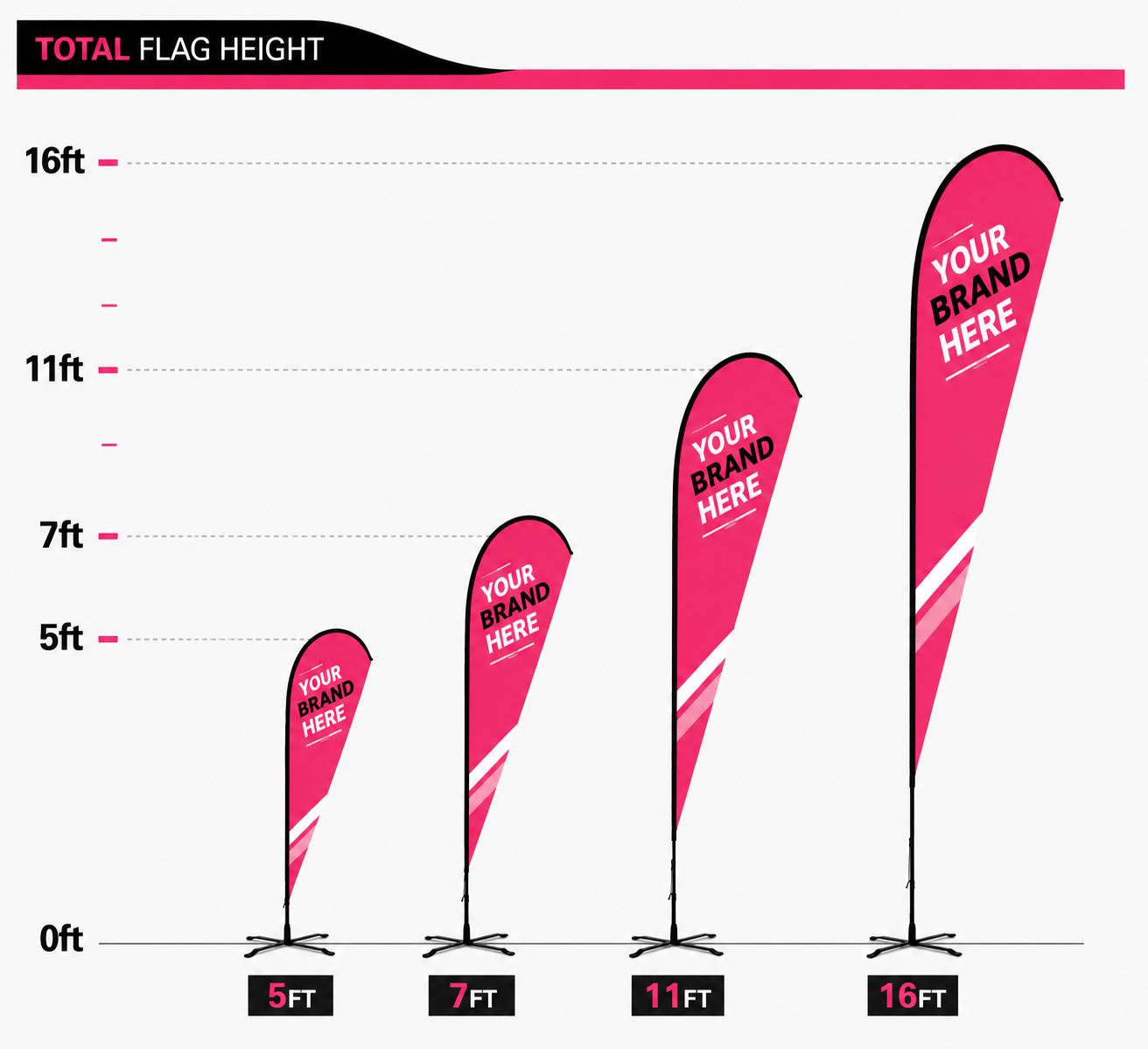 Black and pink promotional banner stand with “YOUR BRAND HERE” and feature icons on white background