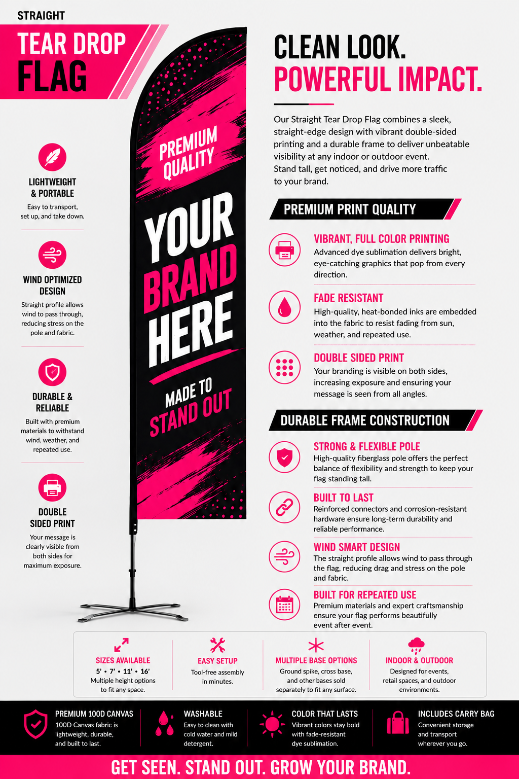 Pink-and-black promotional banner for a teardrop flag with customizable branding features.