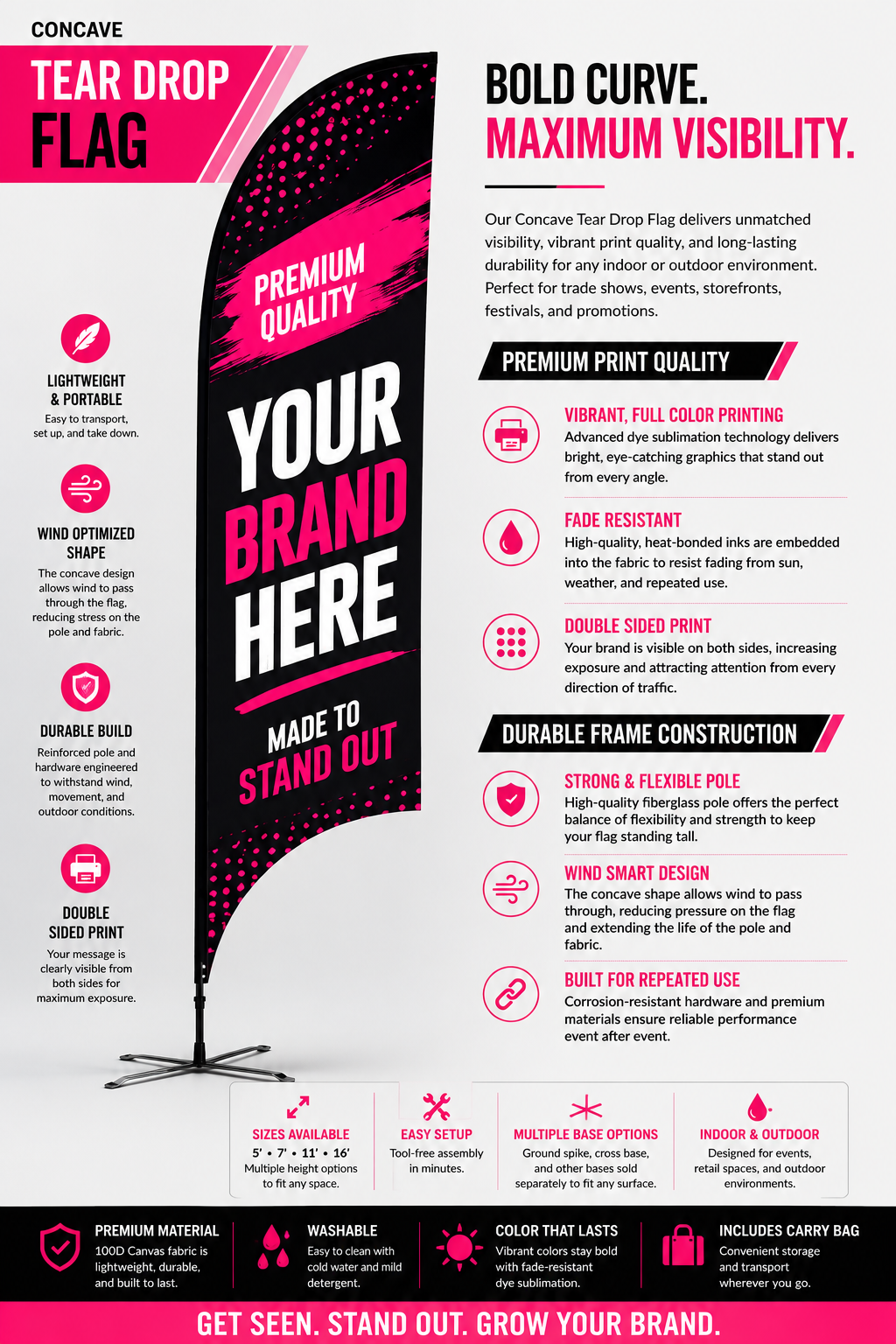 Pink-and-black teardrop flag banner with bold marketing text and product features