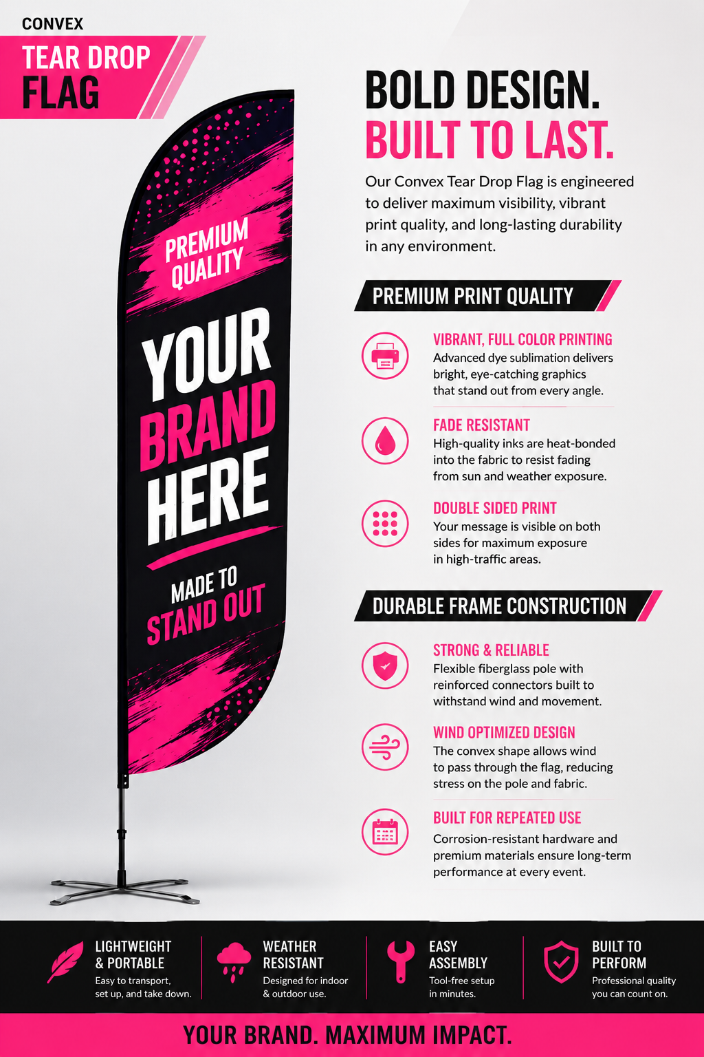 Four black-and-pink feather flags with “YOUR BRAND HERE” text, shown in different bases and angles.