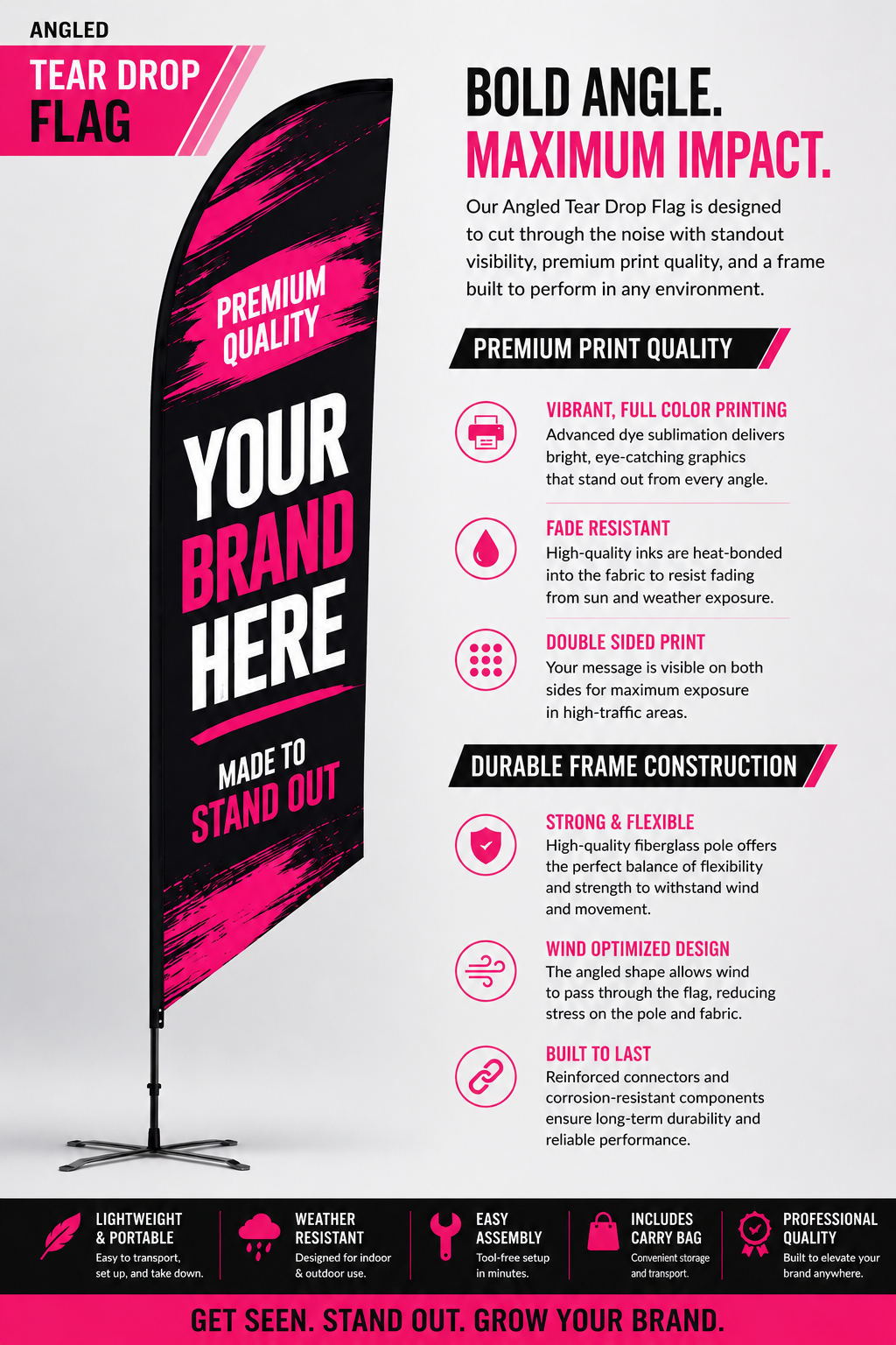 Black tear-drop flag banner with pink accents and product feature text on a white background