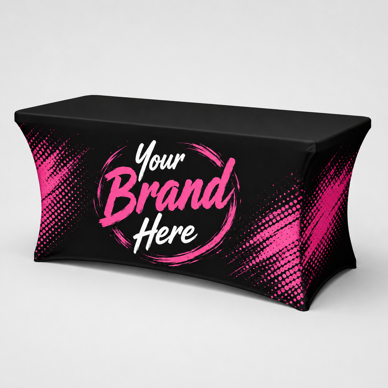 Black branded table cover with pink accents and “Your Brand Here” text