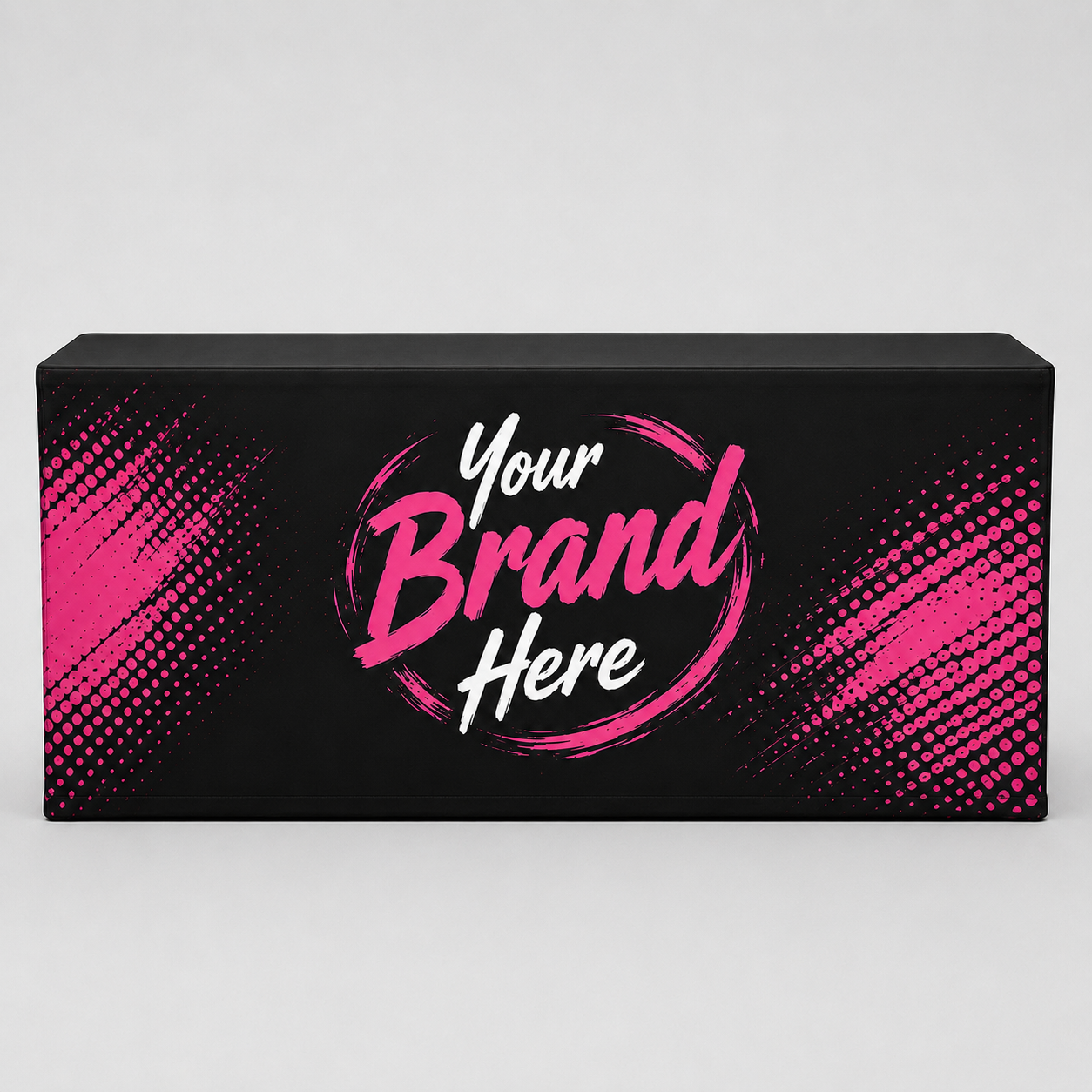 Black branded display box with pink “Your Brand Here” text and abstract paint streaks on a white background