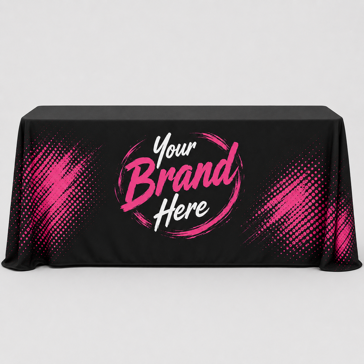 Black branded table cover with pink accents and the words “Your Brand Here” on the front