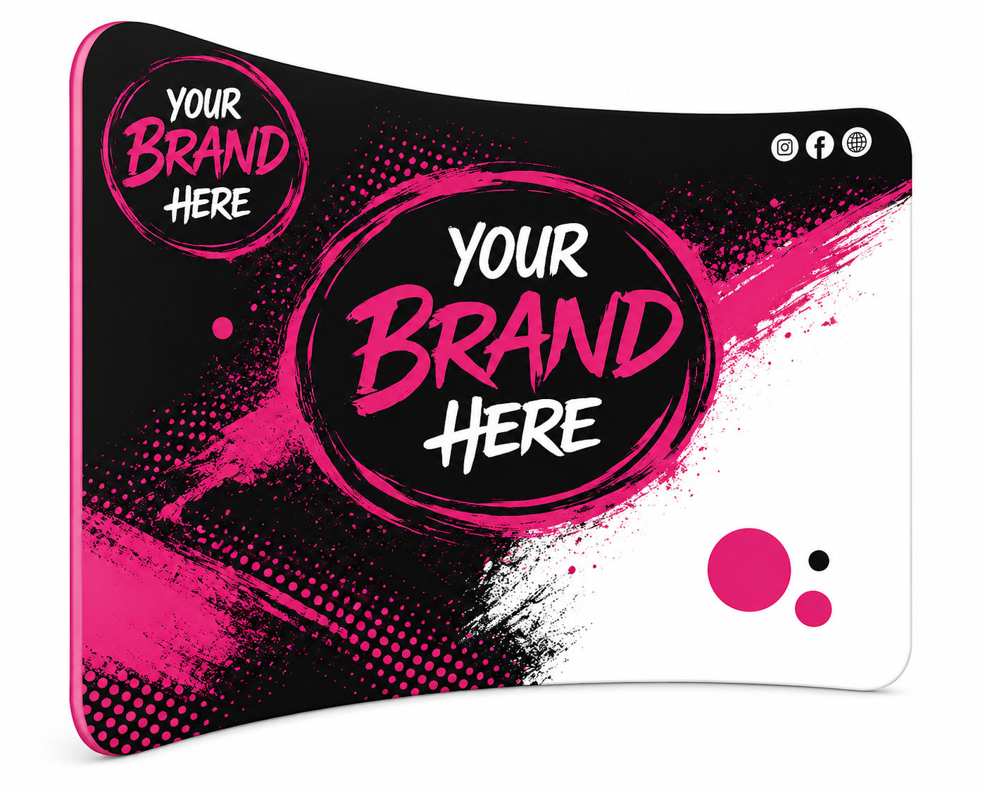Black and pink branded banner template with “Your Brand Here” text and paint-splatter design