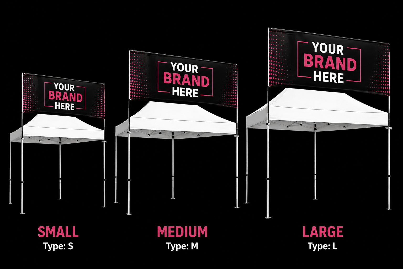 Three black pop-up canopy tents in small, medium, and large sizes with pink and white branding panels.