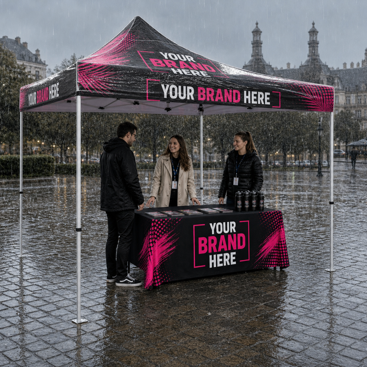 Rainy outdoor booth with black-and-pink canopy and table reading “YOUR BRAND HERE,” three people standing nearby