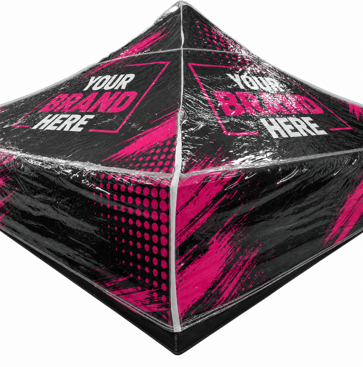 Rainy outdoor booth with black-and-pink canopy and table reading “YOUR BRAND HERE,” three people standing nearby