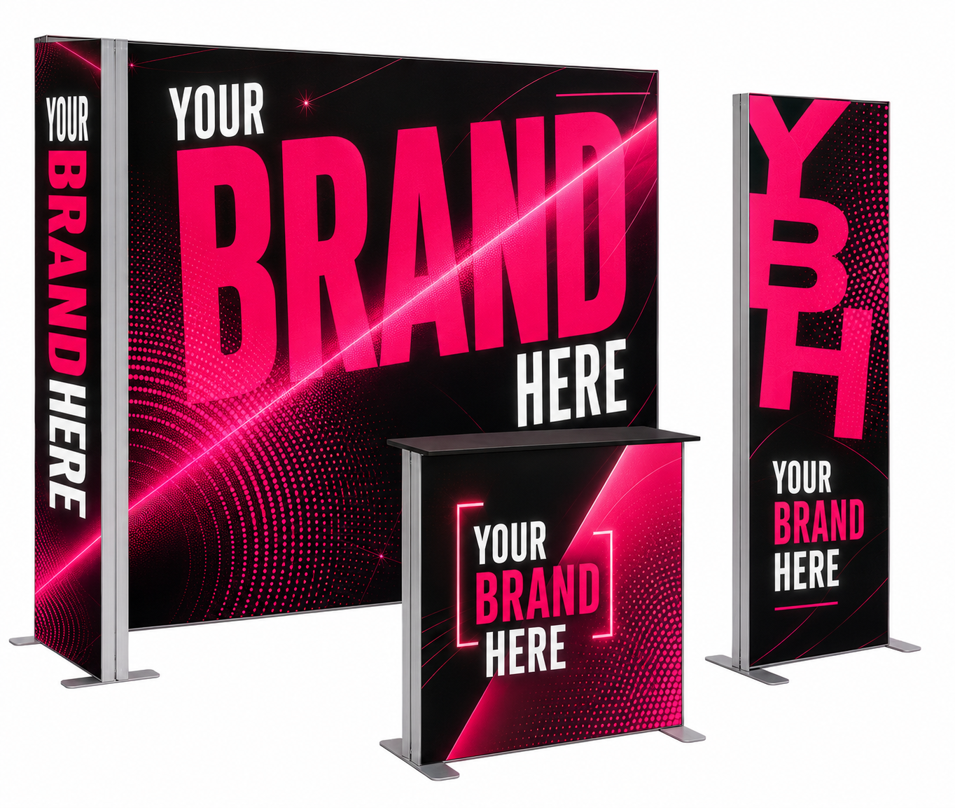 Three black-and-pink exhibition display stands with “YOUR BRAND HERE” text on a white background