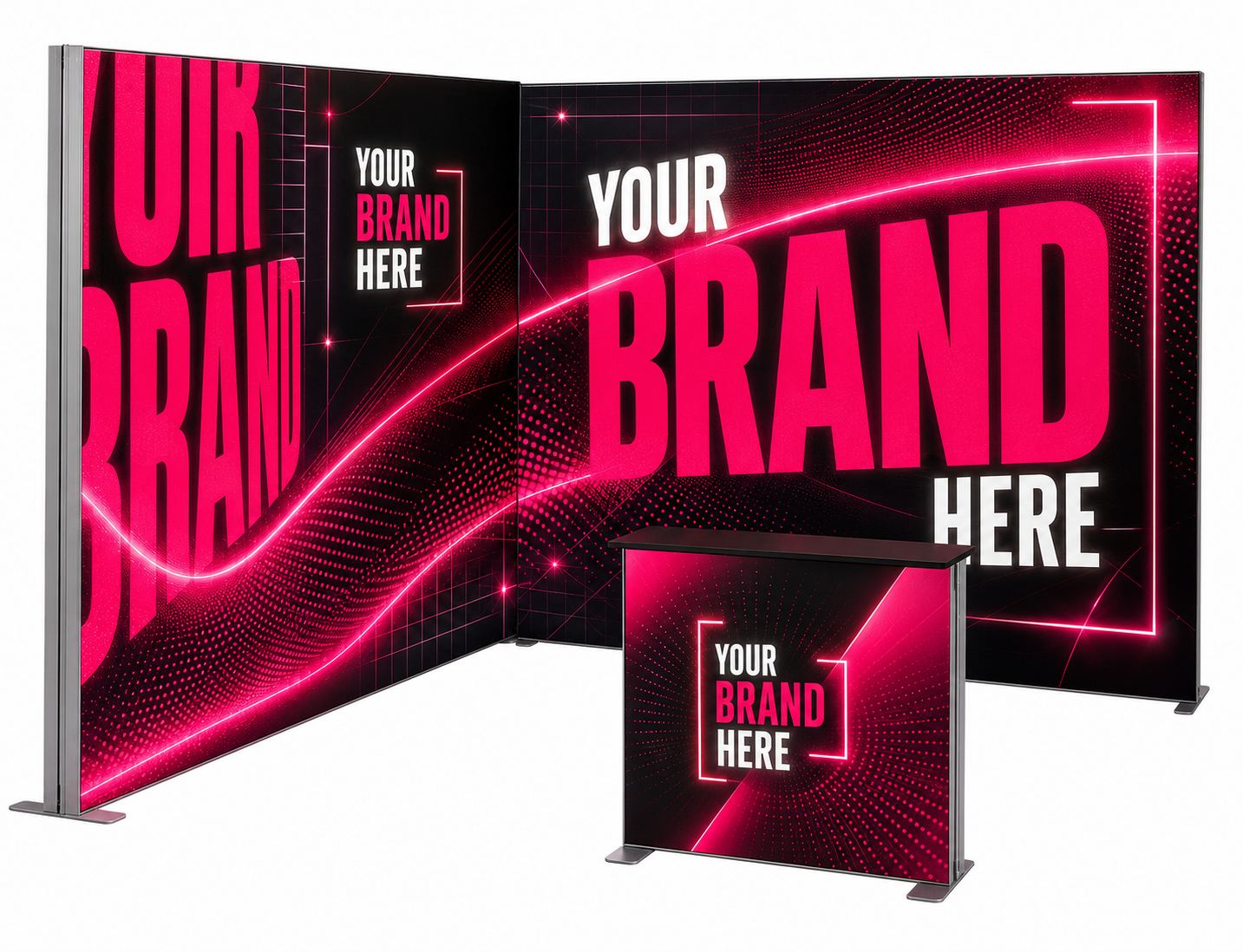 Pink-and-black branded trade show backdrop and counter with placeholder text “YOUR BRAND HERE”