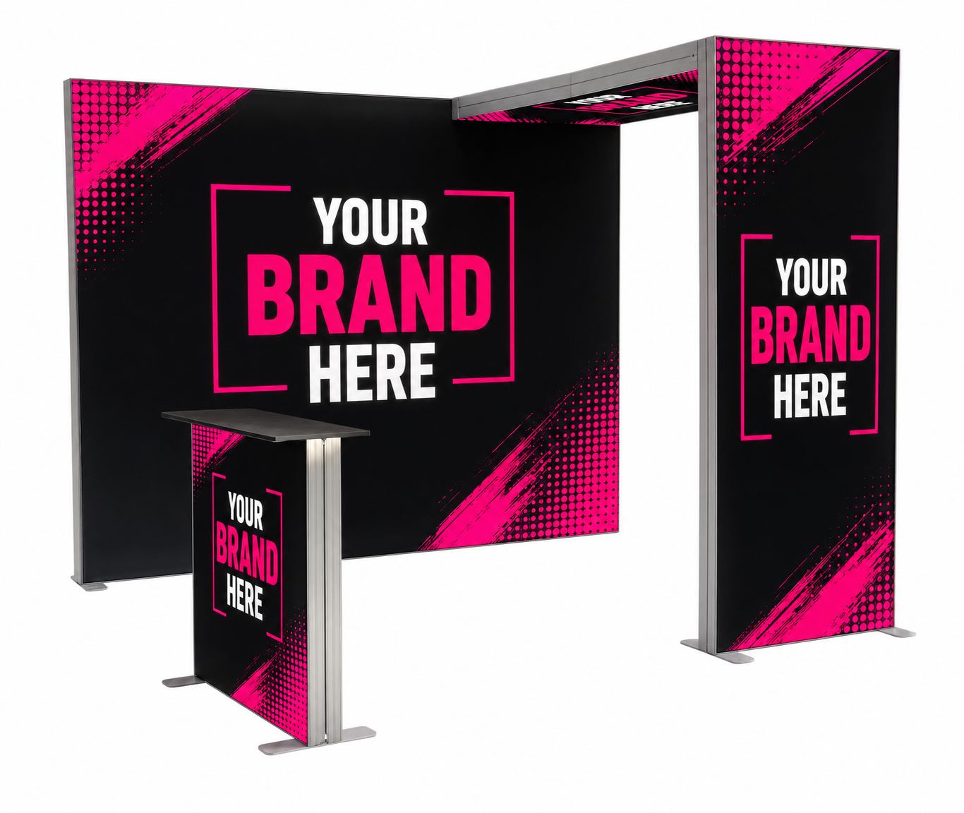 Pink-and-black branded trade show booth display with podium and hanging banner reading “YOUR BRAND HERE”