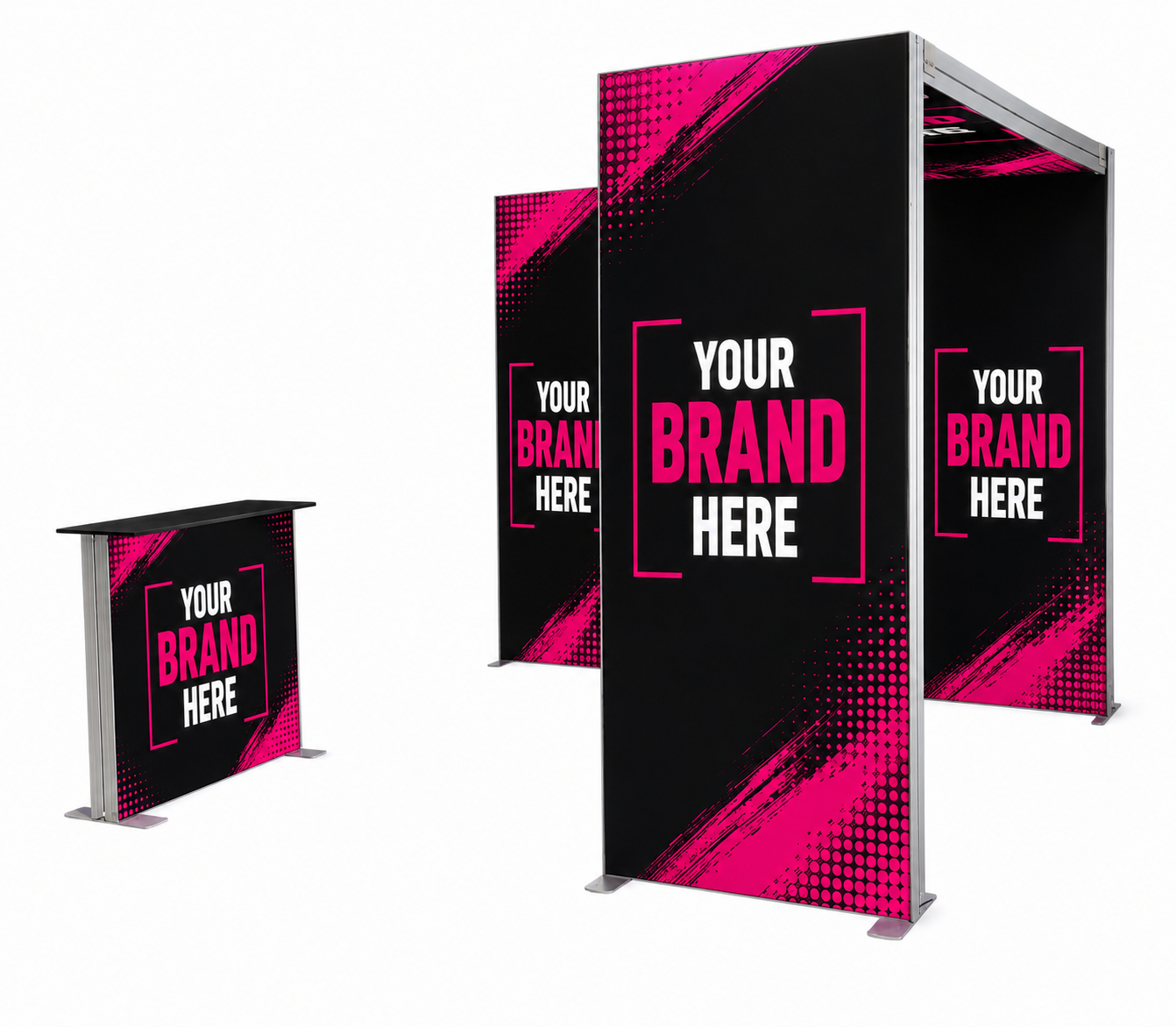 Pink-and-black branded trade show booth display with podium and hanging banner reading “YOUR BRAND HERE”