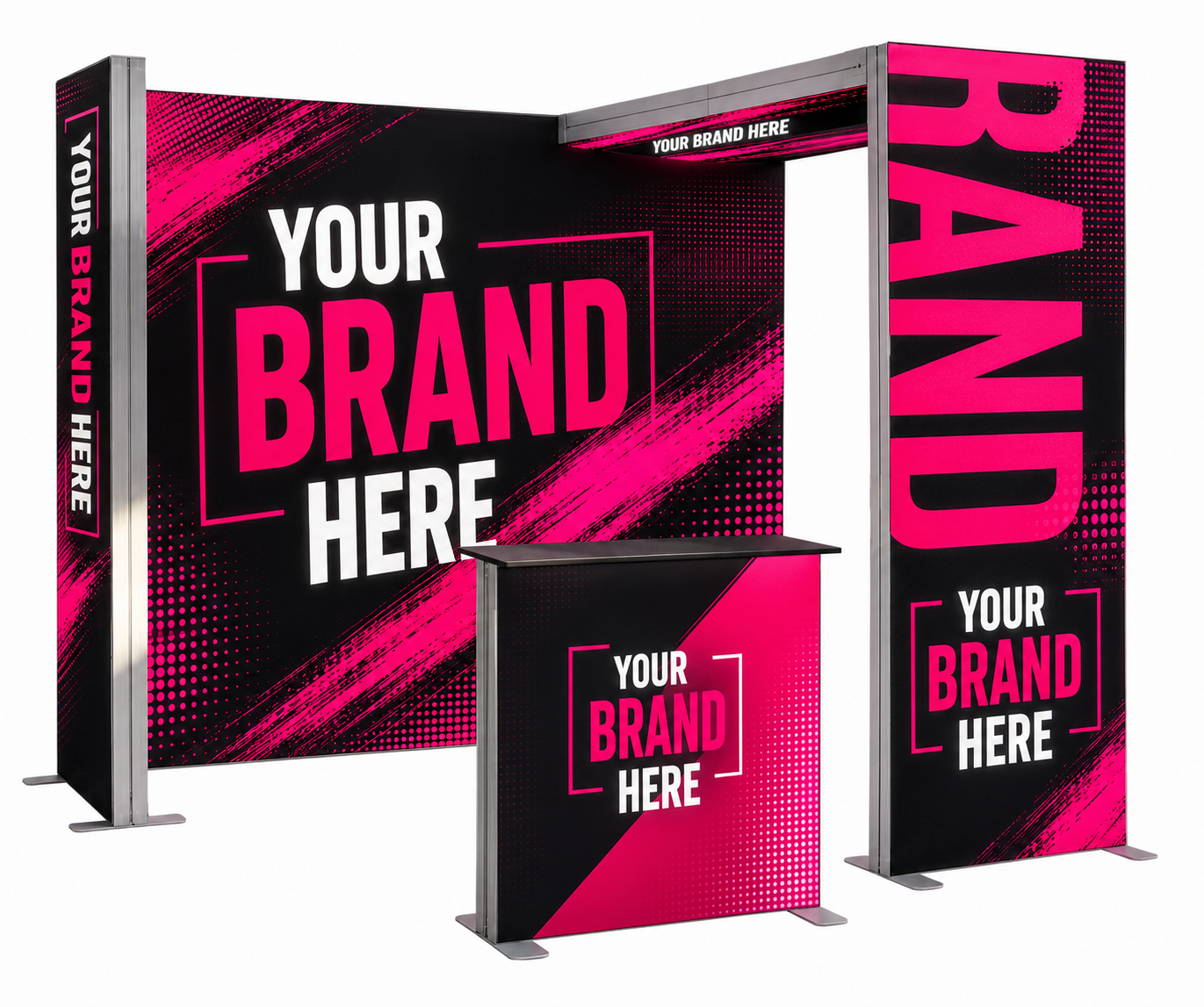 Pink and black branded trade show display with “YOUR BRAND HERE” text on three panels