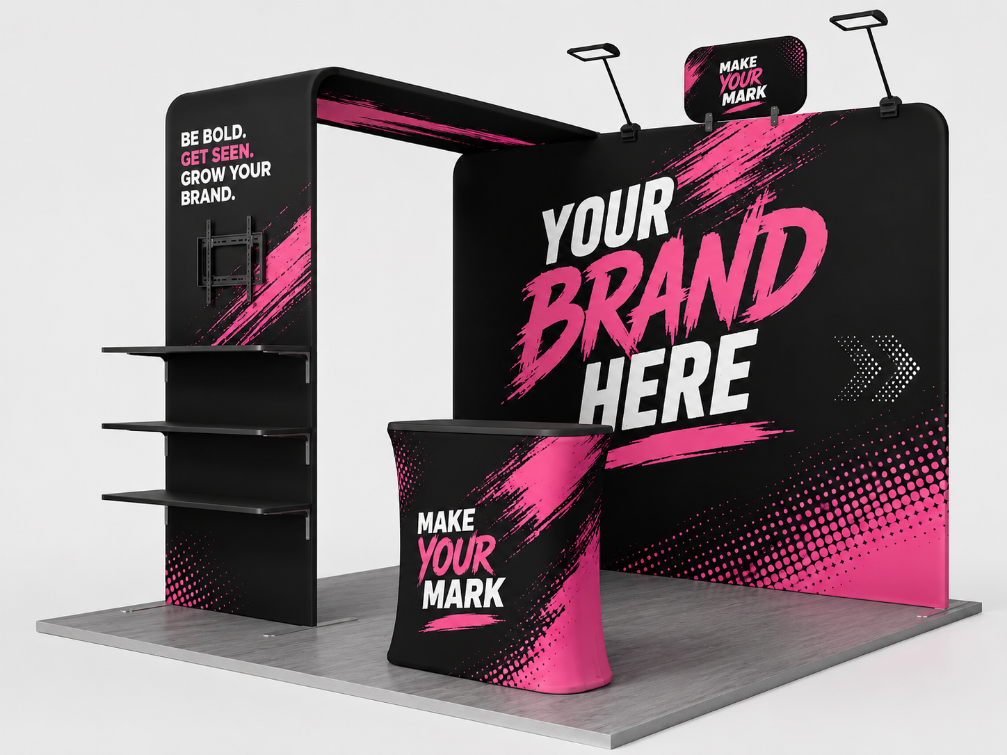 Black trade show booth display with pink accents and “YOUR BRAND HERE” signage