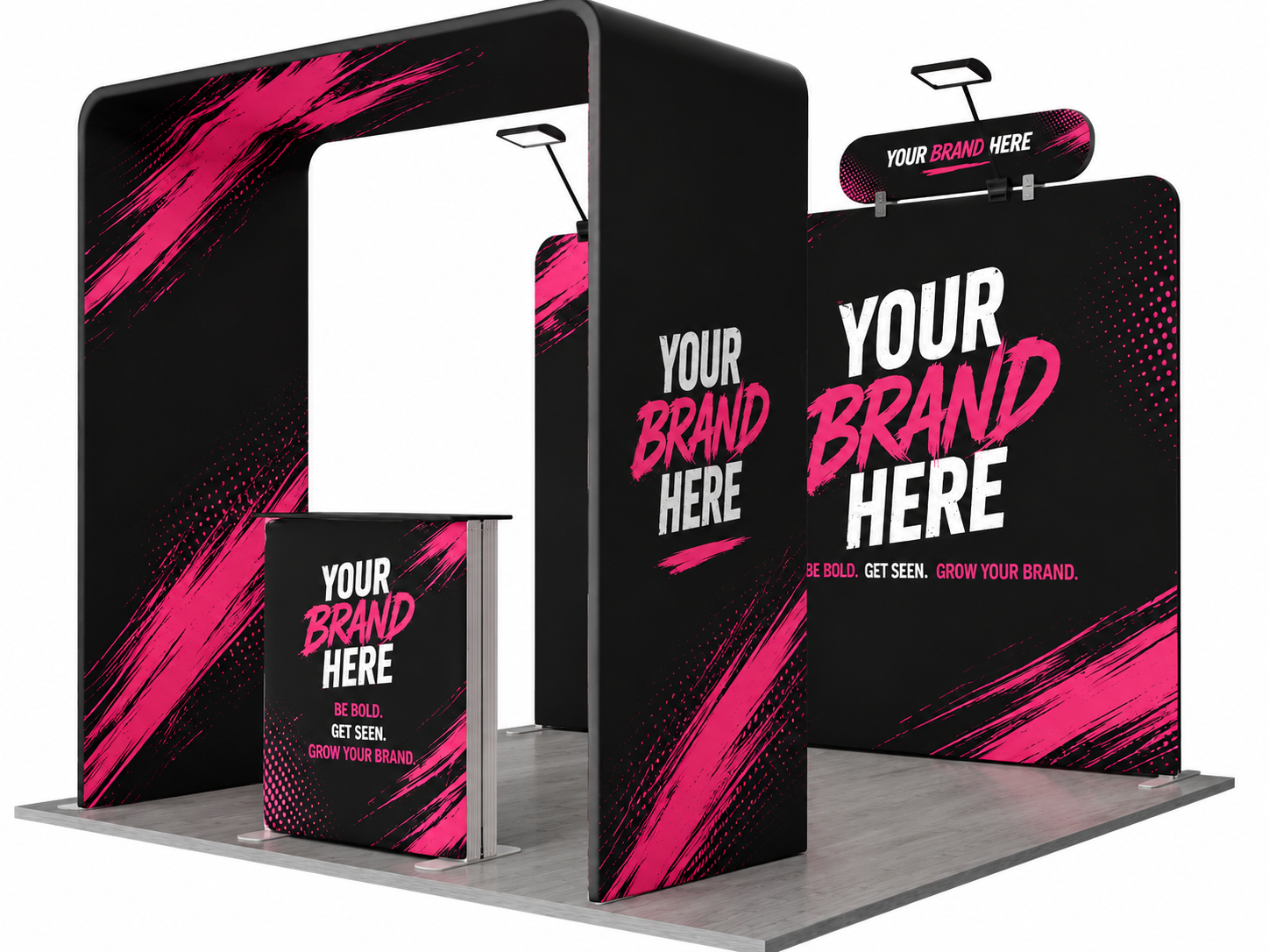 Custom trade show booth display with pink and black branding on modular panels and a hanging sign