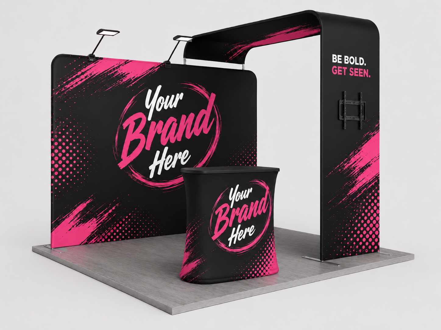 Pink-and-black branded trade show display with two counters and “Your Brand Here” graphics on gray flooring