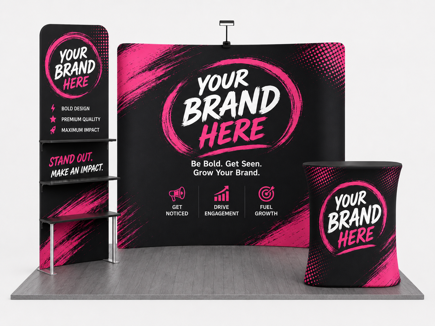 Black and pink branded display booth with matching banner, sign, and tote on a gray floor backdrop