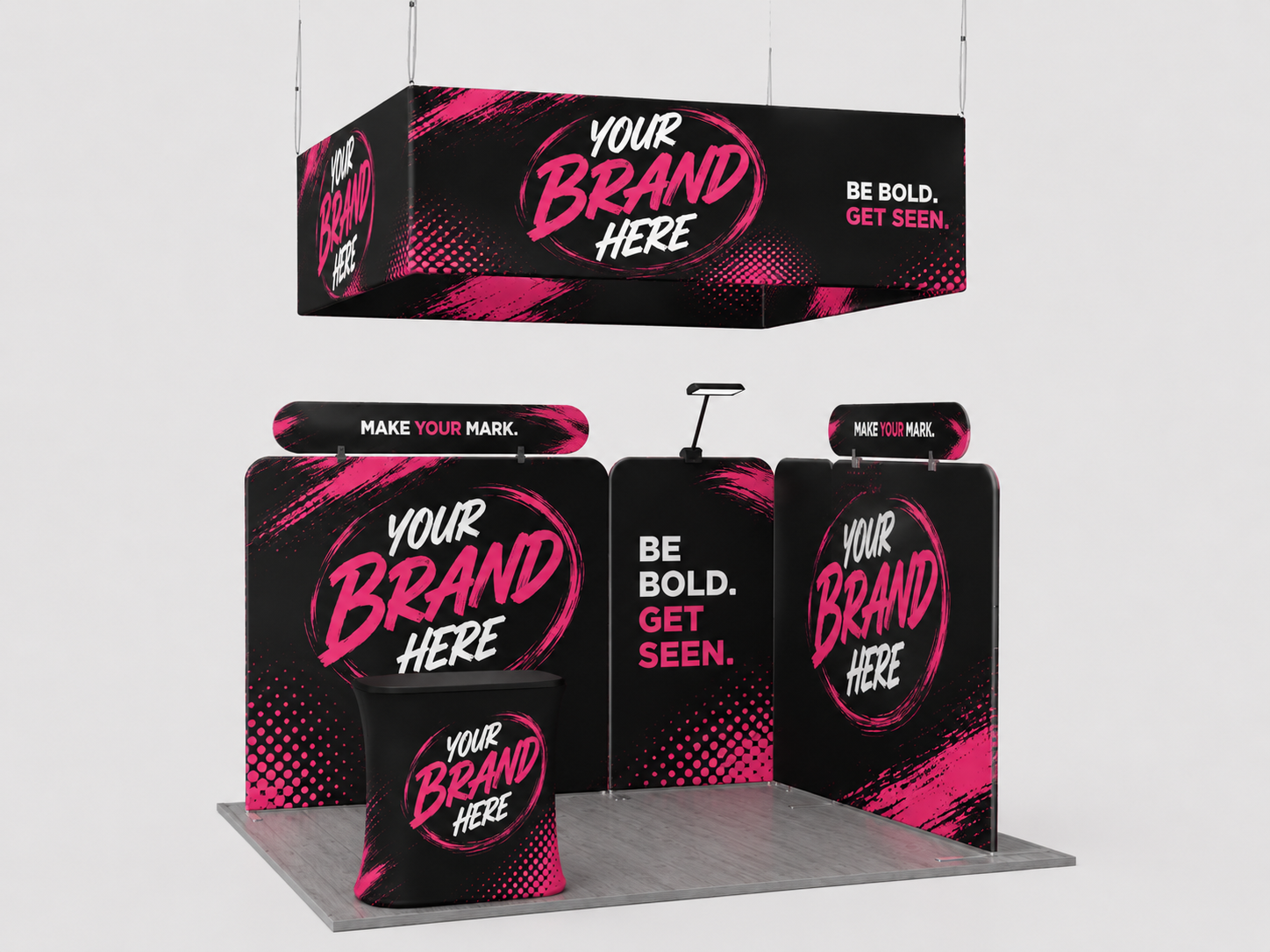 Black-and-pink branded trade show booth with bold “YOUR BRAND HERE” graphics and display panels