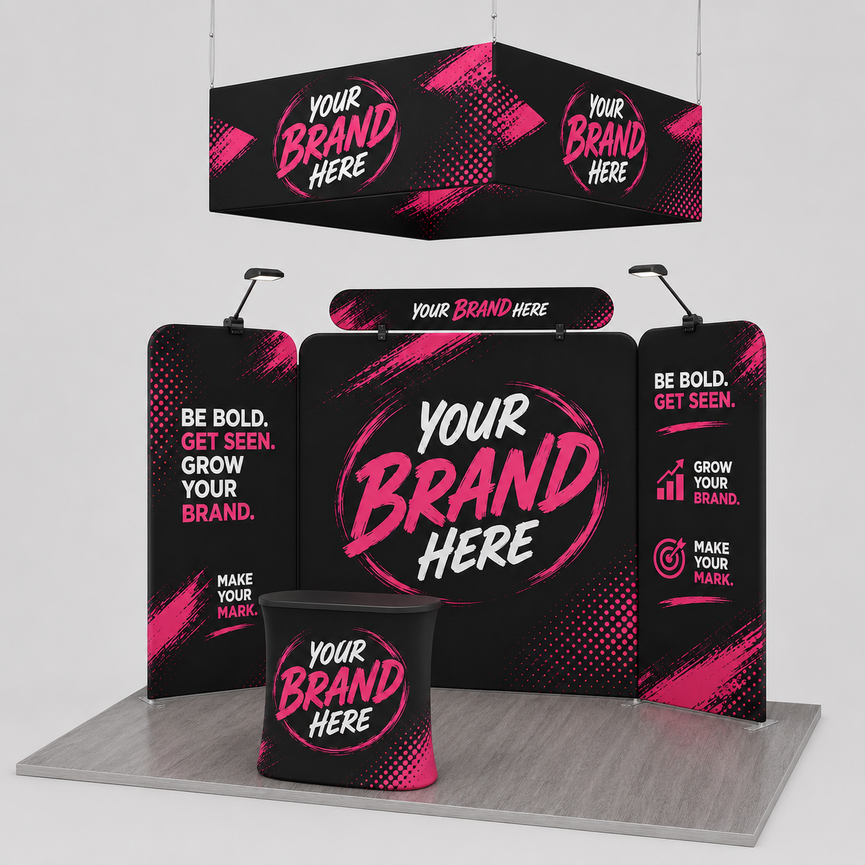 Black and pink branded trade show booth with counters, banners, and podium