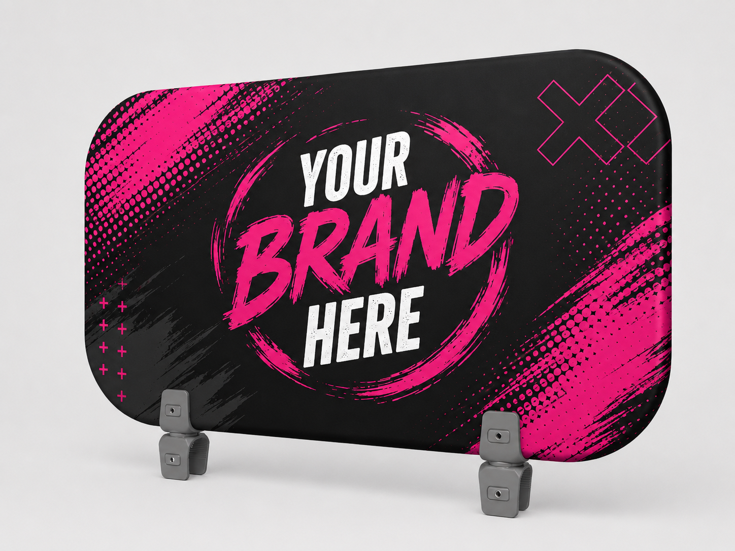 Black-and-pink promotional banner with “YOUR BRAND HERE” text on a stand